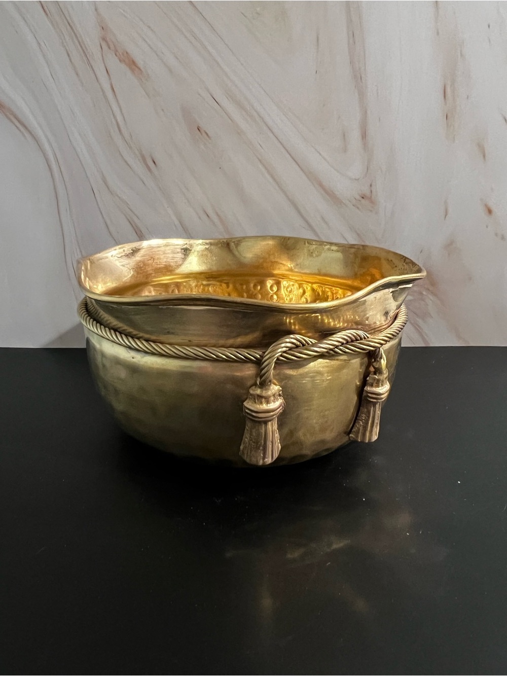 Source Unknown Gold Brass Decorative Bowl with Tassel Rope